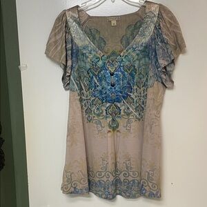 enerye world wear, Beige,blues, brown,yellow and gold colors, butterfly sleeves